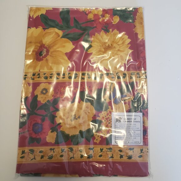 Floral Burgundy Red Glazed 100% Cotton Handloom Tablecloth 52”x70 - Picture 3 of 5